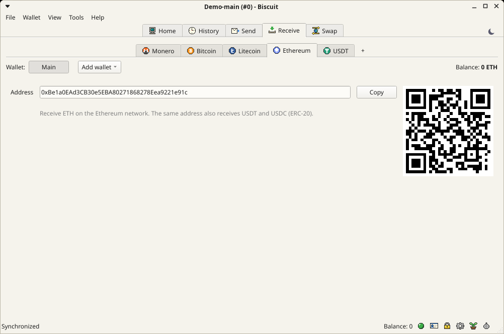 The Receive tab for Ethereum: the address, which also receives USDT and USDC, and its QR code