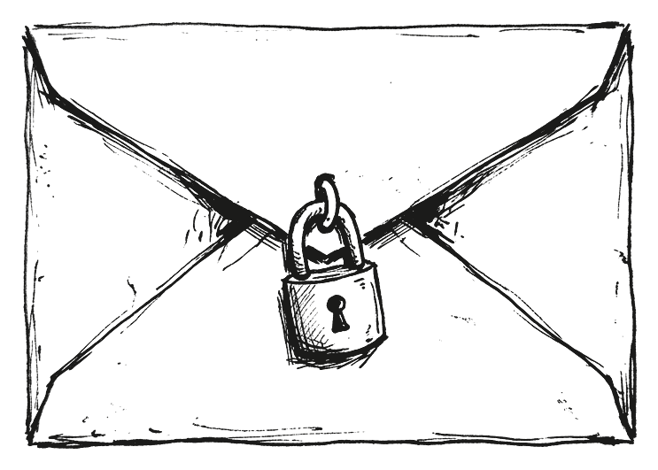 Ink drawing of a sealed envelope closed with a padlock