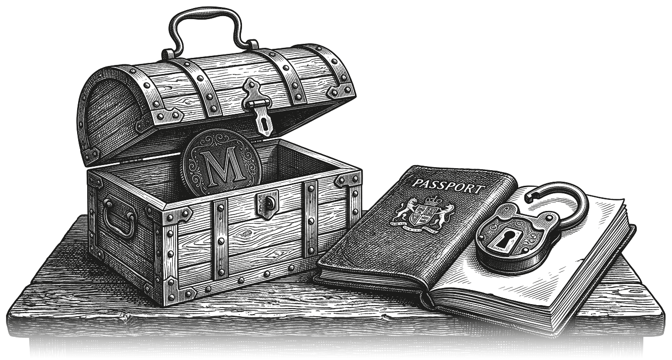 Ink drawing of an open wooden chest holding a Monero coin, next to an open passport with an unlocked padlock resting on it