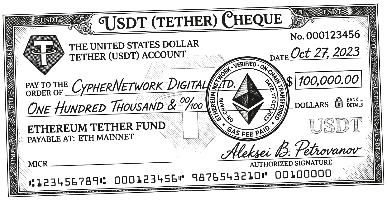Ink drawing of a USDT cheque for 100,000 dollars, stamped with an Ethereum seal that reads &ldquo;Gas fee paid&rdquo;